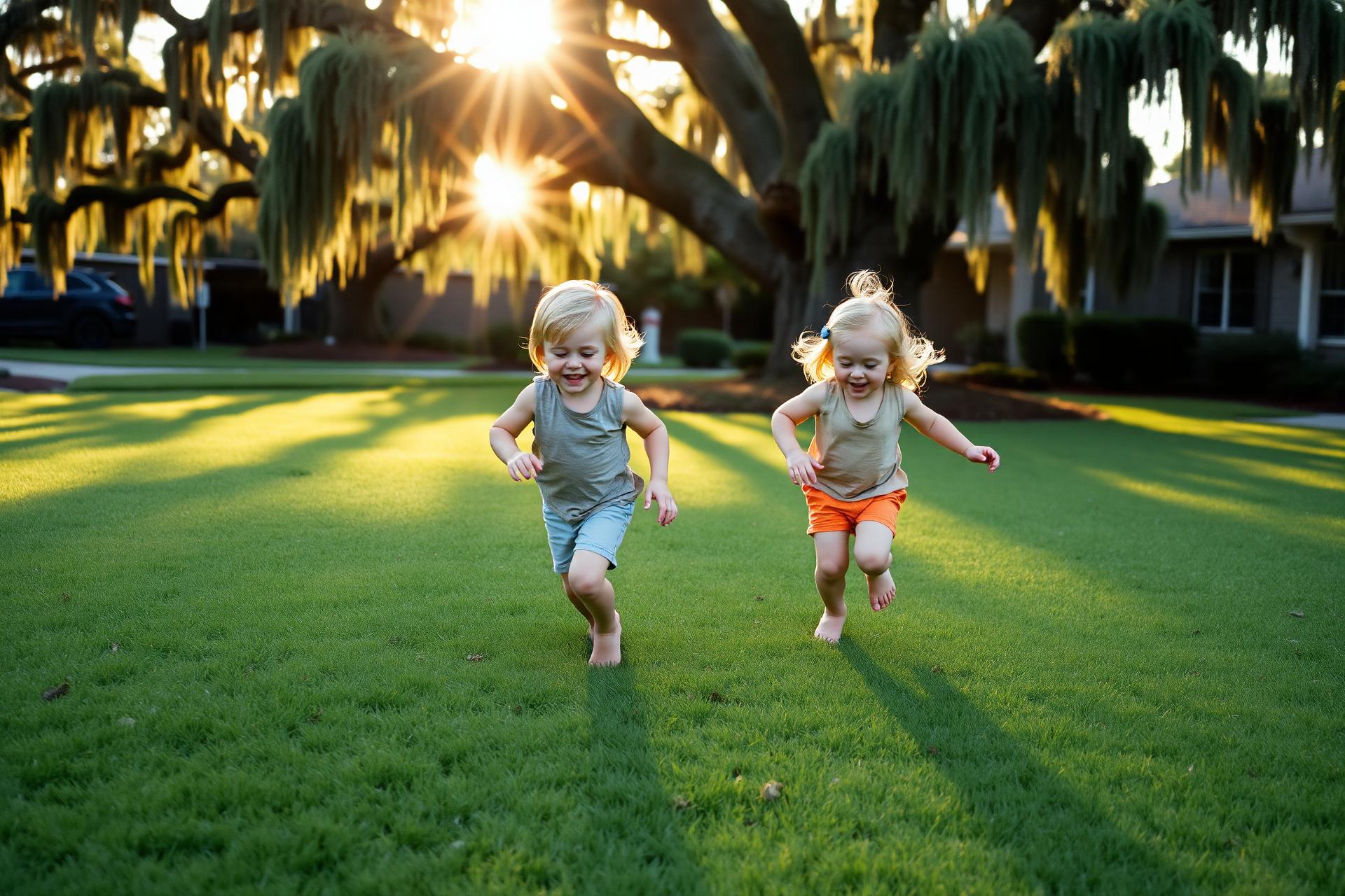 Children running barefoot on a sunlit lawn beneath moss-draped oaks
