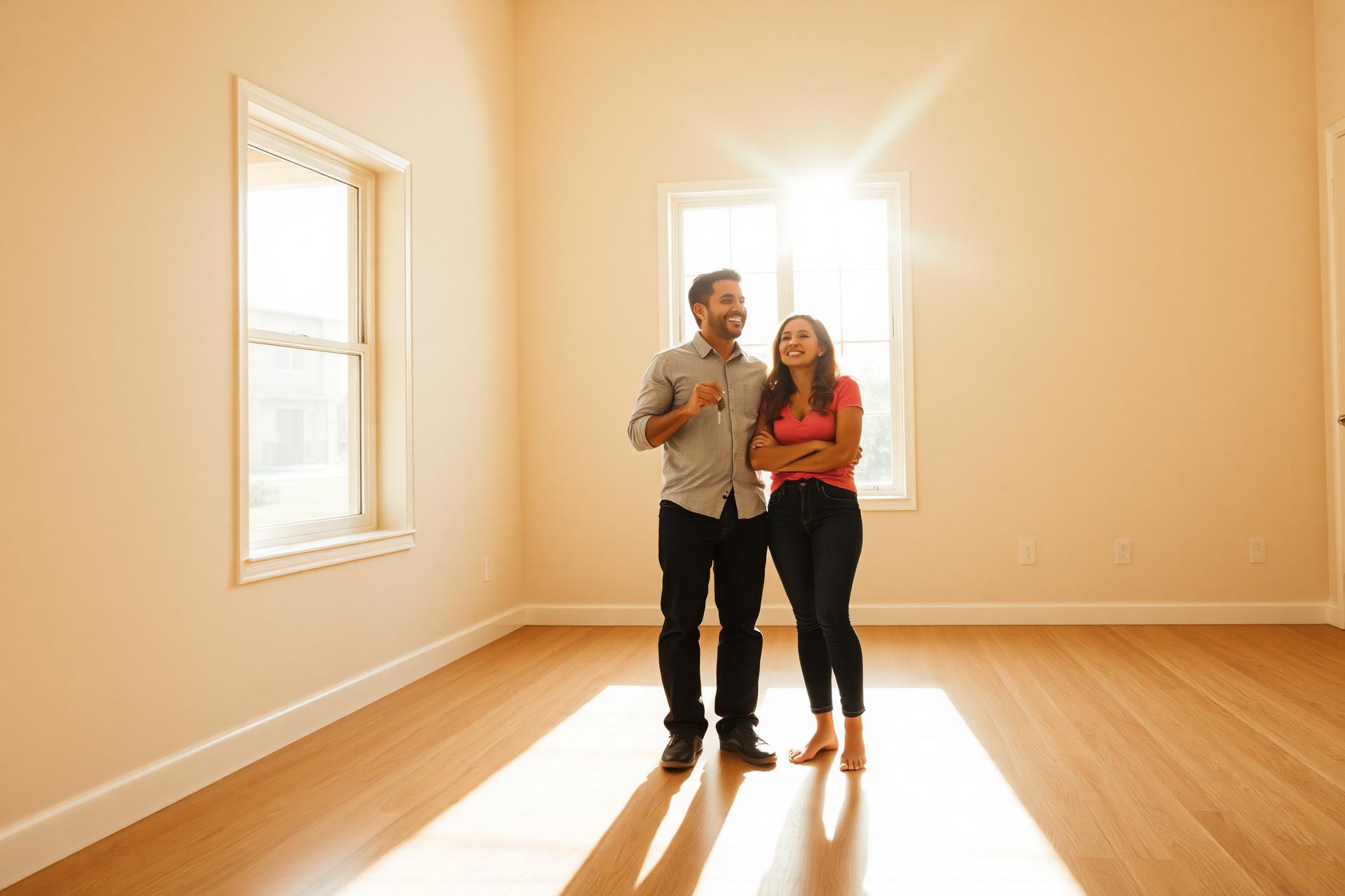 A couple holding keys inside their sunlit new home, quietly celebrating