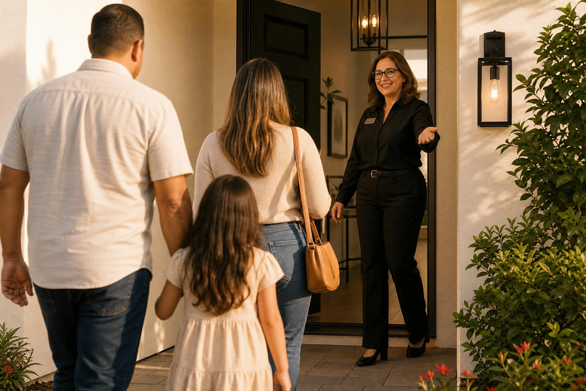 Marce warmly welcoming a young family through the front door