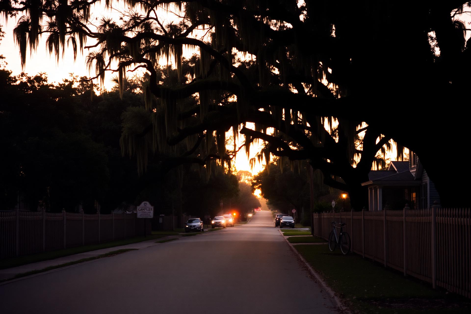 A quiet Central Florida neighborhood street at golden hour