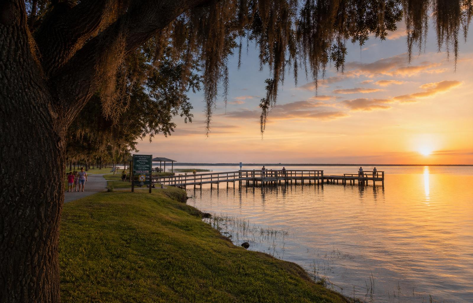 St. Cloud, Florida lakefront at sunset with moss-draped oaks